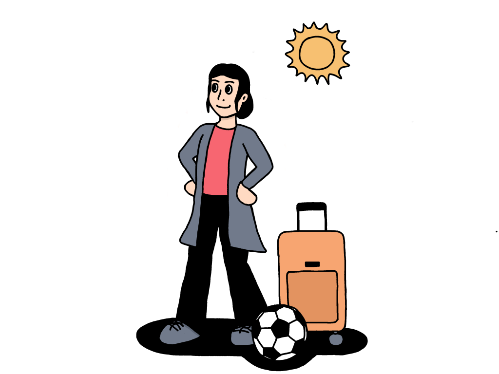 Piirretty henkilö seisoo itsevarmana kuvan keskiössä. Hänen oikealla puolellaan on matkalaukku ja jalkapallo. Hänen yllään paistaa aurinko.