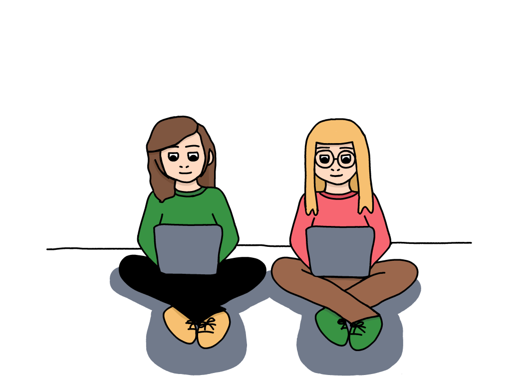 Kaksi piirrettyä henkilöä istumassa lattialla tietokoneet sylissään.