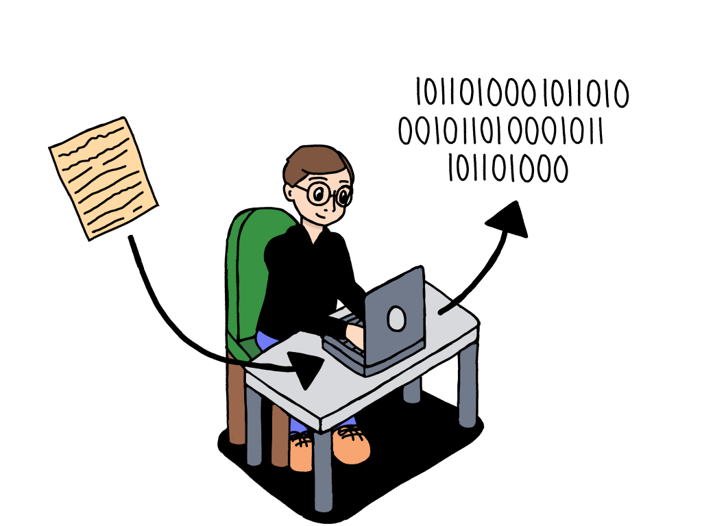Henkilö istuu pöydän ääressä ja näpyttelee tietokonetta. Hänen toisella puolellaan leijuu vanhan näköinen dokumentti, josta menee nuoli tietokoneeseen. Toisella puolella koneesta lähtee nuoli, joka osoittaa pilveen, jossa on ykkösiä ja nollia. Piirros kuvastaa digitointiprosessia.