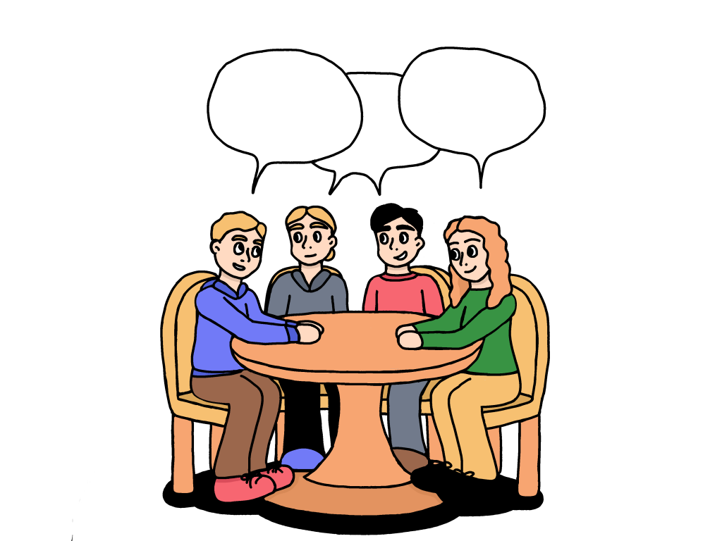 Piirroksessa on neljä tutkimusassistenttia pyöreän pöydän ääressä keskustelemassa.